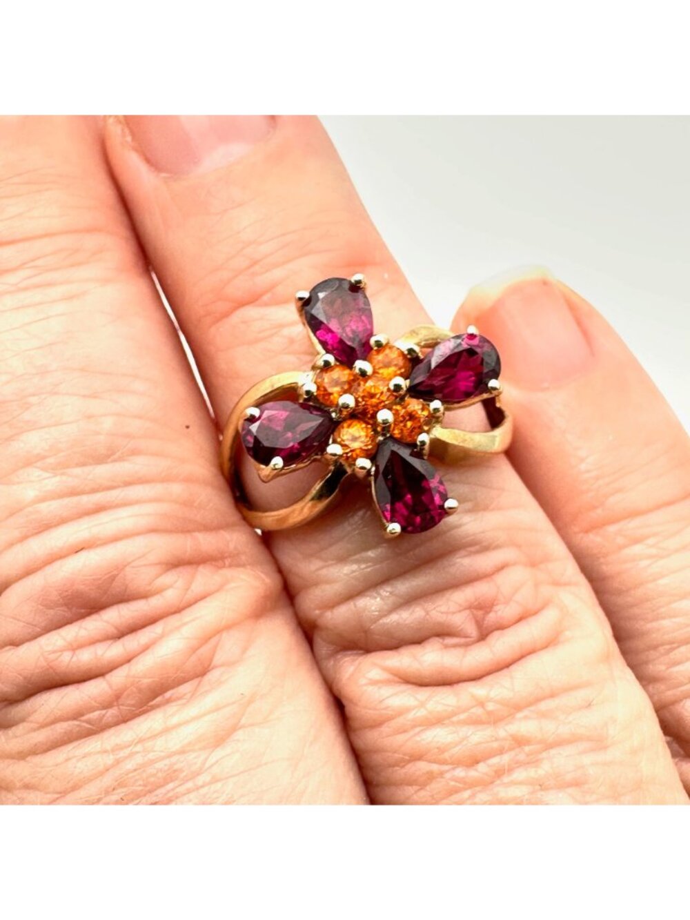 Unique Womens Ring 14K Gold Garnet Citrine 4 Grams Size 7 Estate Jewelry - Picture 5 of 5